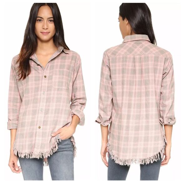 CURRENT ELLIOTT Plaid Shirt The Prep School Fray Pink Taupe Tinsel Size 2 - Picture 12 of 12